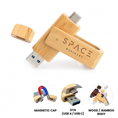 BAMBUSOVÝ OTOČNÝ USB FLASH DISK S KONEKTORY USB-C (TYPE-C) A USB-A