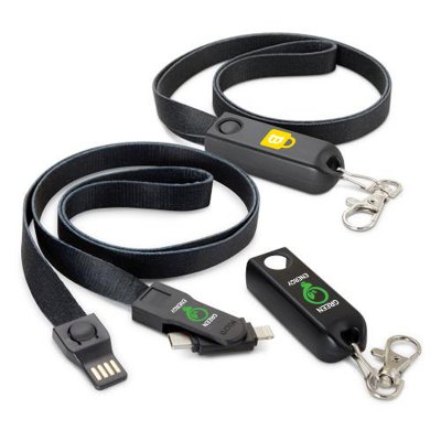 3 v 1 -  napájecí USB kabel v lanyardu (šňůrce na krk) s USB-C (Type-C), Lightning a micro USB