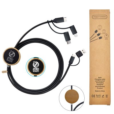 Datový a 60W rychlonabíjecí USB kabel 6 v 1, s LED logem, bambus + recyklovaný plast (ACC119BOX)