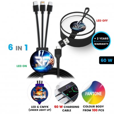 60W nabíjecí USB kabel 6 v 1 CHARGLO, s CMYK + LED logem a možností vlastní barvy, v luxusní krabičce