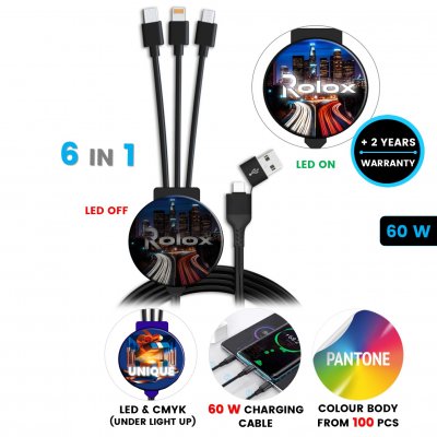 60W nabíjecí USB kabel 6 v 1 CHARGLO, s CMYK + LED logem a možností vlastní barvy
