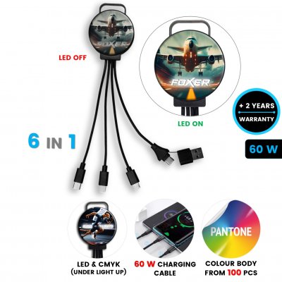 60W nabíjecí USB kabel 6 v 1 ZYRCLE, s CMYK + LED logem