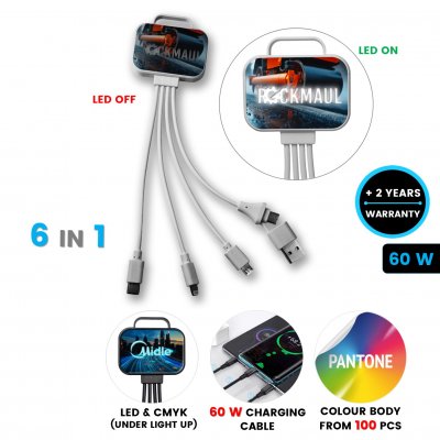 60W nabíjecí USB kabel 6 v 1 SQUARO, s CMYK + LED logem