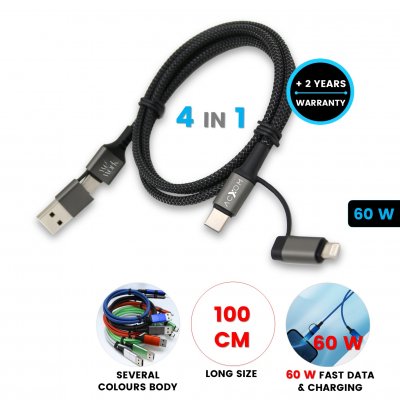 60W datový a nabíjecí USB kabel 4 v 1 NEXCORD, černá barva (ACC193)