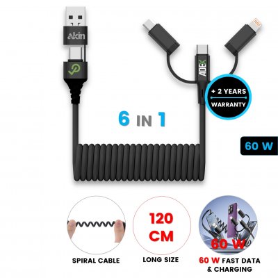 60W datový a nabíjecí USB kabel 6 v 1 SPIRAL