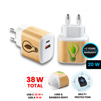 Bambusový USB adaptér do EU zásuvky, USB-C (Type-C) + USB-A,barva bílá (CLA1044)