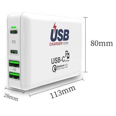PD 100W nabíjecí adaptér, 2 × USB-A, 2 × USB-C