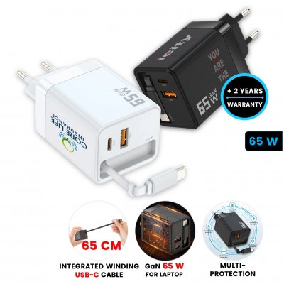 65W USB adaptér do EU zásuvky UNICORD, s integrovaným USB-C kabelem + USB-A a USB-C