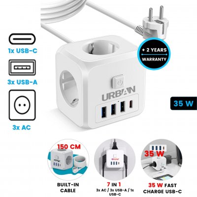 PD 35W cube multizásuvka ELECTROCUBE, s vypínačem a síťovým kabelem
