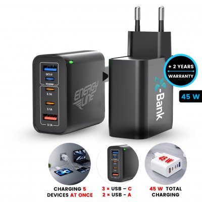 45W (total) USB adaptér do EU zásuvky, 3 × USB-C (PD 30 W) + USB-A (QC 20 W)
