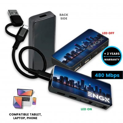 Datový a napájecí USB hub, s možností LED loga + CMYK, USB-A a USB-C, dárková krabička