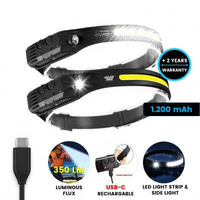 Čelovka s LED světelným pruhem a bočním světlem, s USB-C nabíjením