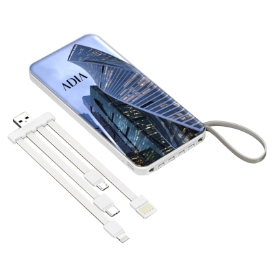POWER BANKA S VESTAVĚNÝMI KABELY, STOJÁNKEM A LED SVÍTILNOU, 8000 / 10000 MAH