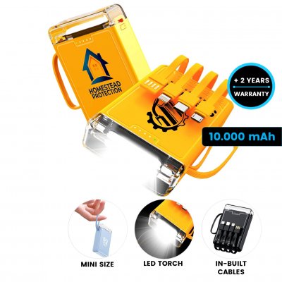 10000 mAh power banka s vestavěnými kabely a silnou LED svítilnou - SHORT