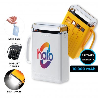 10000 mAh power banka s vestavěnými kabely a silnou LED svítilnou - SHORT