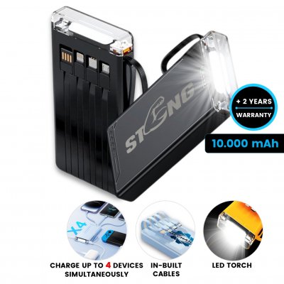 10000 mAh - Power banka s vestavěnými kabely a silnou LED svítilnou - LONG