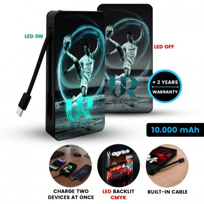 10000 mAh - power banka BRIGHTA, s LED logem (+CMYK) a vestavěným kabelem USB-C