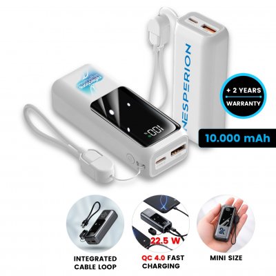 10000 mAh - power banka VOLTORA, s QC 22,5 W, displejem a vloženým kabelem v poutku