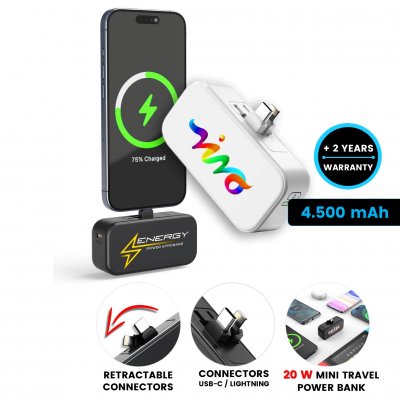 4500mAh připojitelná power banka KONNEX, s výsuvnými konektory USB-C a Lightning a PD 20 W