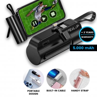 5000 mAh - mini připojitelná power banka s konektory USB-C a Lightning a vestavěným kabelem