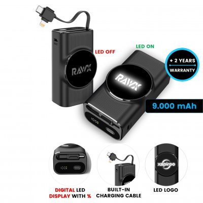 9000mAh power banka FLEXLIT, s výsuvným kabelem a LED logem, PD 20 W a QC 22,5 W