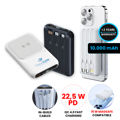 15W magnetická bezdrátová + QC 22,5W power banka s kabely, 10000 mAh, bílá barva (PBQ10035)