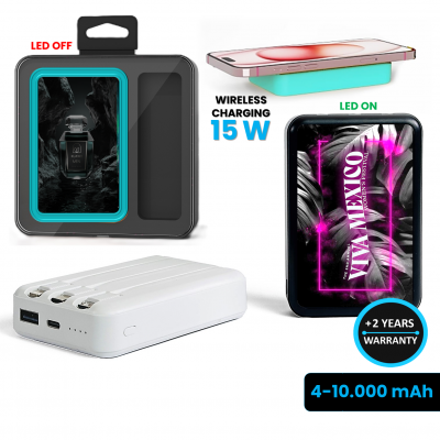 Power banka s vestavěnými kabely a 15W bezdrátovým rychlonabíjením, 8000 - 10000 mAh, ve vlastních barvách, LED logo + CMYK potisk
