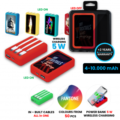 Power banka s vestavěnými kabely a bezdrátovou nabíječkou, 4000 - 10000 mAh, ve vlastních barvách, LED logo + CMYK potisk