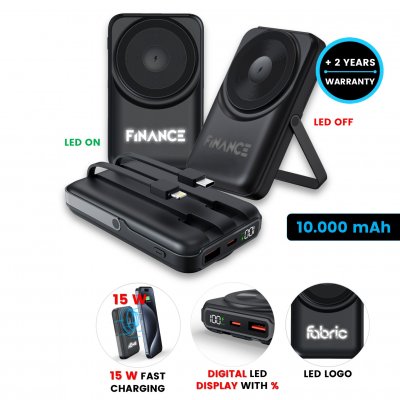 10000 mAh magnetická power banka MAGION, s bezdrátovým nabíjením, vestavěnými kabely, QC 22,5 W, PD 20 W a LED logem