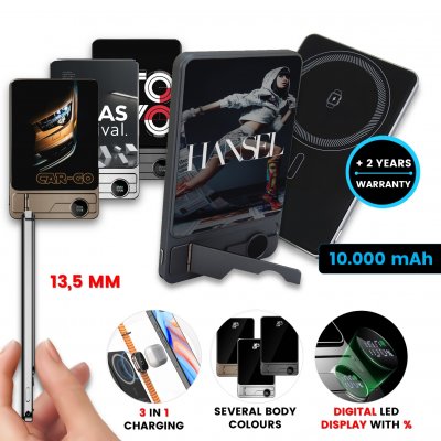 10000mAh magnetická kovová power banka QUANTUM 3 v 1, s 15W bezdrátovým nabíjením a PD 20 W