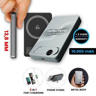 10000mAh magnetická kovová power banka FLATIQ, s 15W bezdrátovým nabíjením a PD 20 W