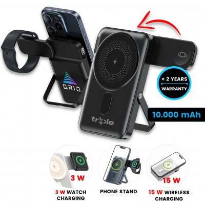 10000mAh magnetická power banka GRAVON, s 15W bezdrátovým nabíjením, výklopnou nabíječkou hodinek a stojánkem