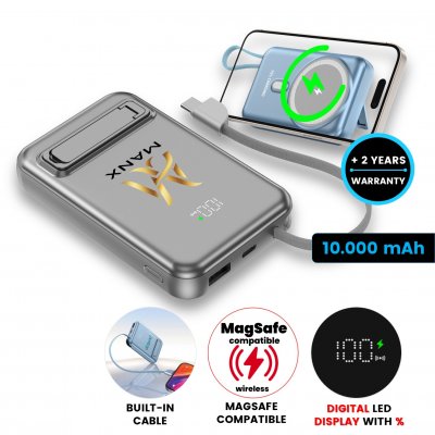 10000 mAh - magnetická power banka s 15W bezdrátovým nabíjením, QC 22,5 W a vestavěným kabelem