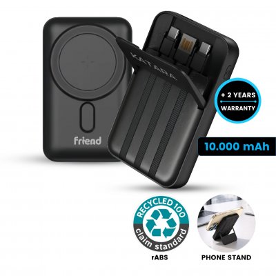 10000 mAh – magnetická power banka s 15W bezdrátovým nabíjením, QC 22,5 W a vestavěnými kabely, rABS