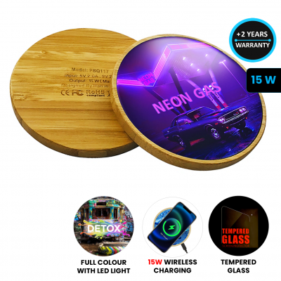 15W bambusová bezdrátová rychlonabíječka s tvrzeným sklem a LED logem, FSC (PBQ117)