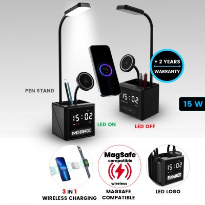 Stolní lampa NEOLITE, s 15W bezdrátovým nabíjením, hodinami a LED logem