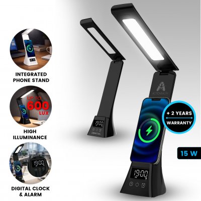 Stolní lampa s 15W bezdrátovým nabíjením, hodinami s budíkem, stojánkem na telefon