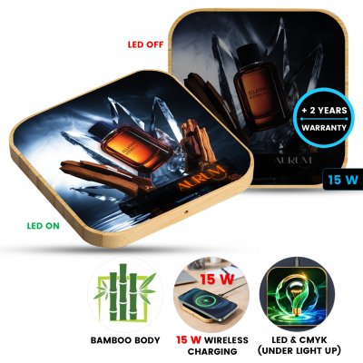 15W bambusová bezdrátová rychlonabíjecí podložka s CMYK + LED logem