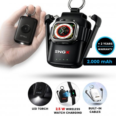 Pohotovostní power banka na klíče CHARGEGO, s vestavěnými kabely, LED svítilnou a nabíječkou na Apple Watch