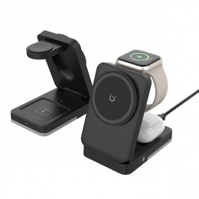 15W multifunční skládací magnetická bezdrátová nabíječka/stojánek FOLDEX (3 v 1), černá barva (PBQ201)