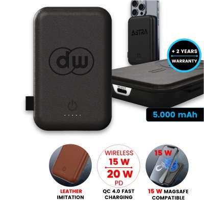 5000mAh kožená magnetická power banka LEATHA, s 15W bezdrátovým nabíjením a PD 20 W