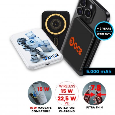 5000 mAh - super slim power banka s 15W magnetickým bezdrátový nabíjením a QC 22,5 W