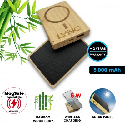 5000 mAh  bambusová magnetická power banka s bezdrátovým nabíjením a solárním panelem