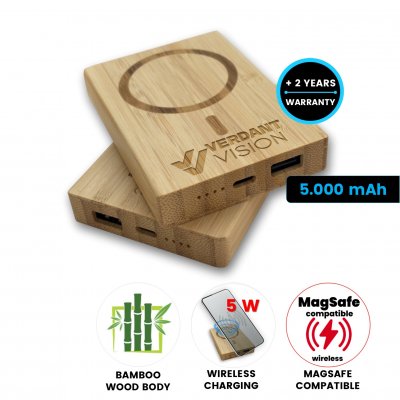 5000 mAh bambusová magnetická power banka s bezdrátovým nabíjením