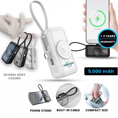 5000 mAh - připojitelná power banka s vestavěným kabelem, PD 20 W a nabíjením pro Apple Watch