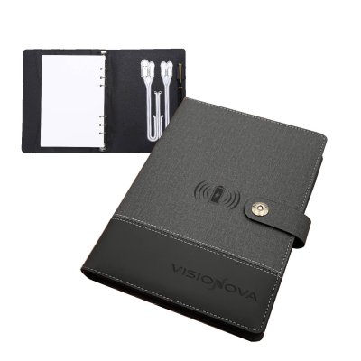 8000 mAh – power banka v deskách se zápisníkem, s bezdrátovým nabíjením a vestavěnými kabely