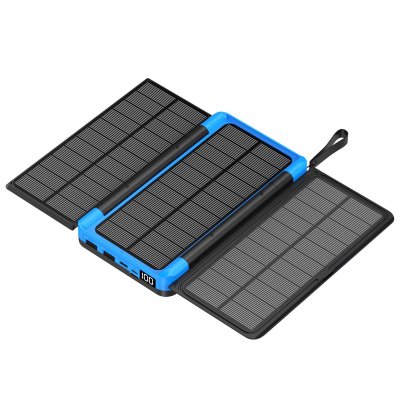 Rozkládací solární power banka se 3 panely, LED svítilnou a bezdrátovým nabíjením, 20000 mAh, modrá barva (PBS20001)