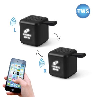 Set 2 ks mini cube Bluetooth reproduktorů s TWS funkcí a LED logem