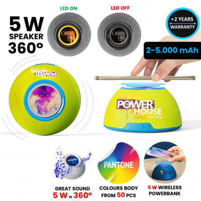 Bezdrátový 5W reproduktor s 15W bezdrátovým rychlonabíjením, power bankou, LED + CMYK logo, zákaznická barva