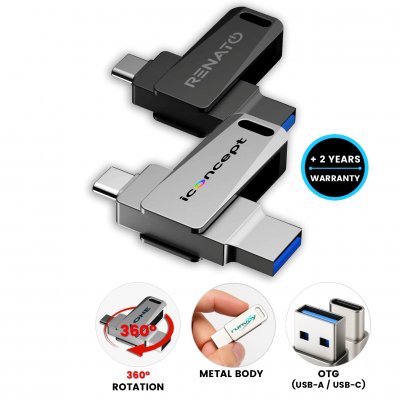 Kovový otočný USB 2.0/3.0 flash disk s USB-C a USB-A